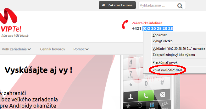Vytočenie hovoru z prehliadača